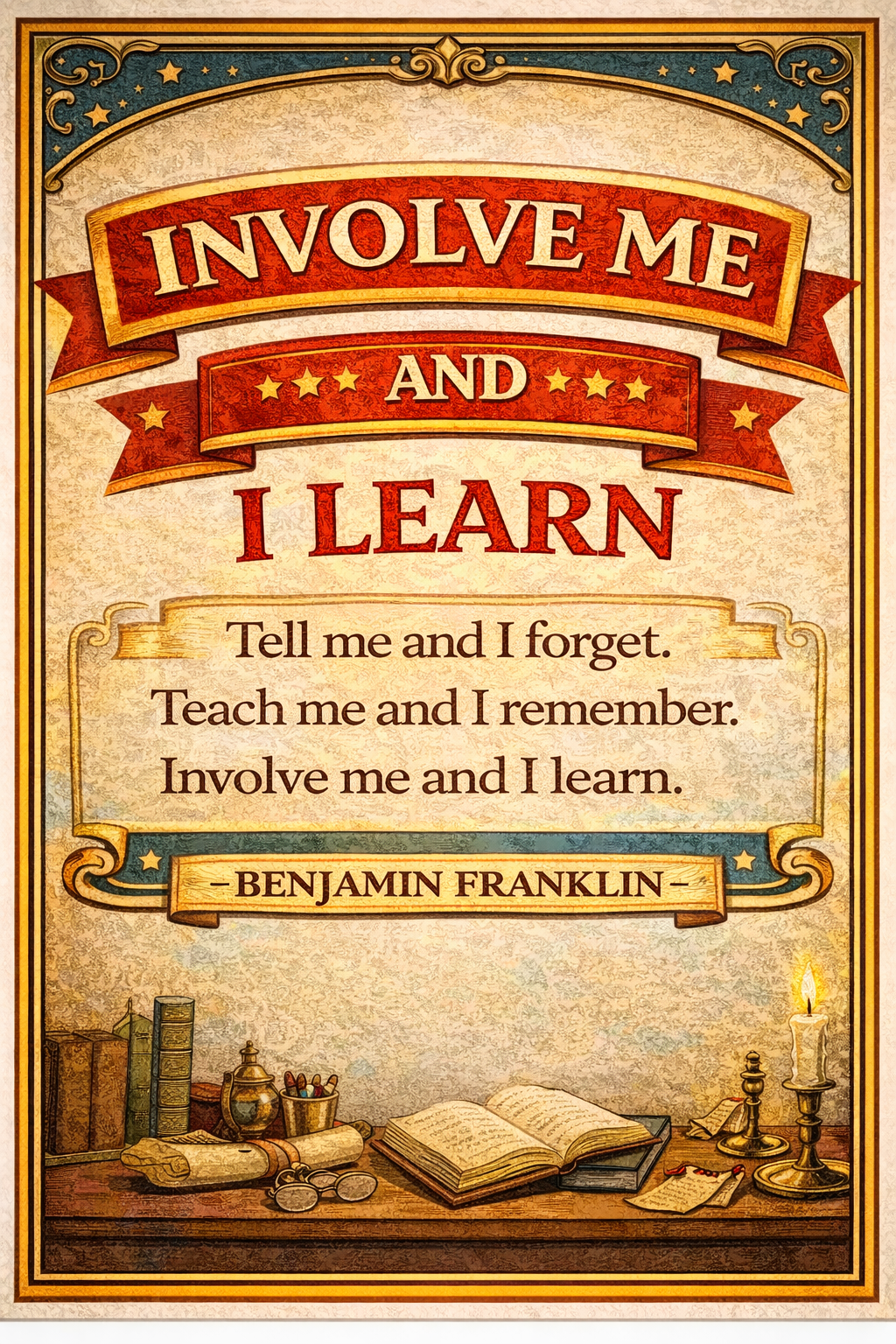 Decorative poster with Benjamin Franklin quote 'Involve Me and I Learn' on a vintage background.