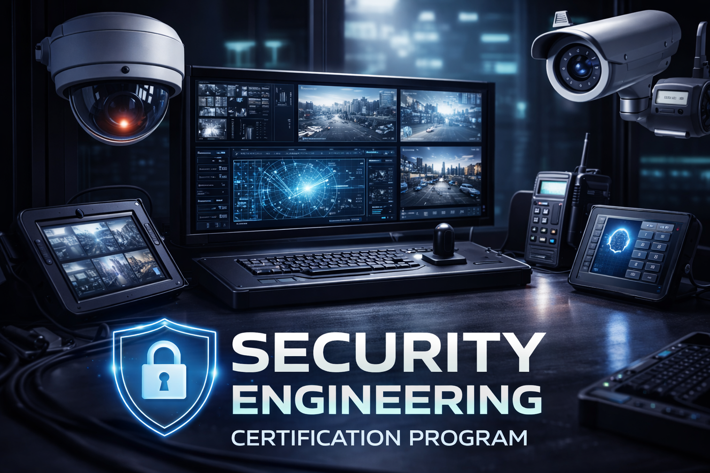 Security engineering certification program with surveillance equipment and computer setup.