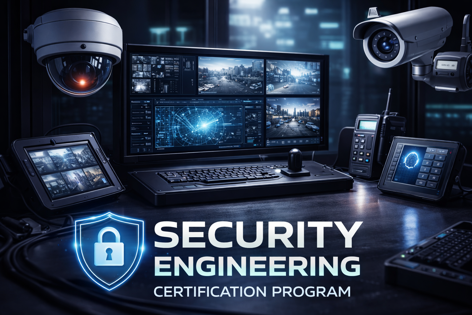 Security engineering certification program with surveillance equipment and computer setup.