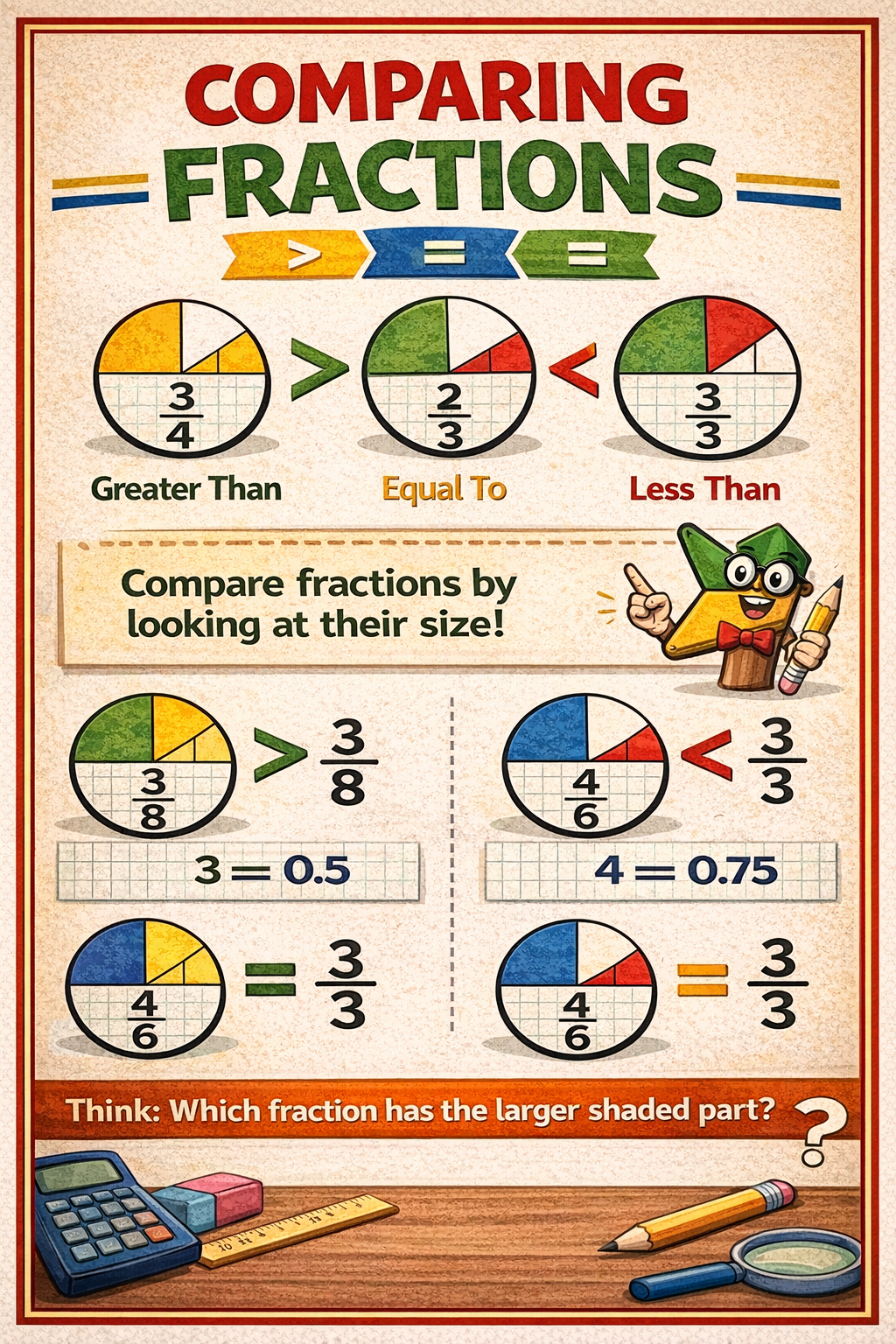 Educational poster comparing fractions with colorful pie charts and text.