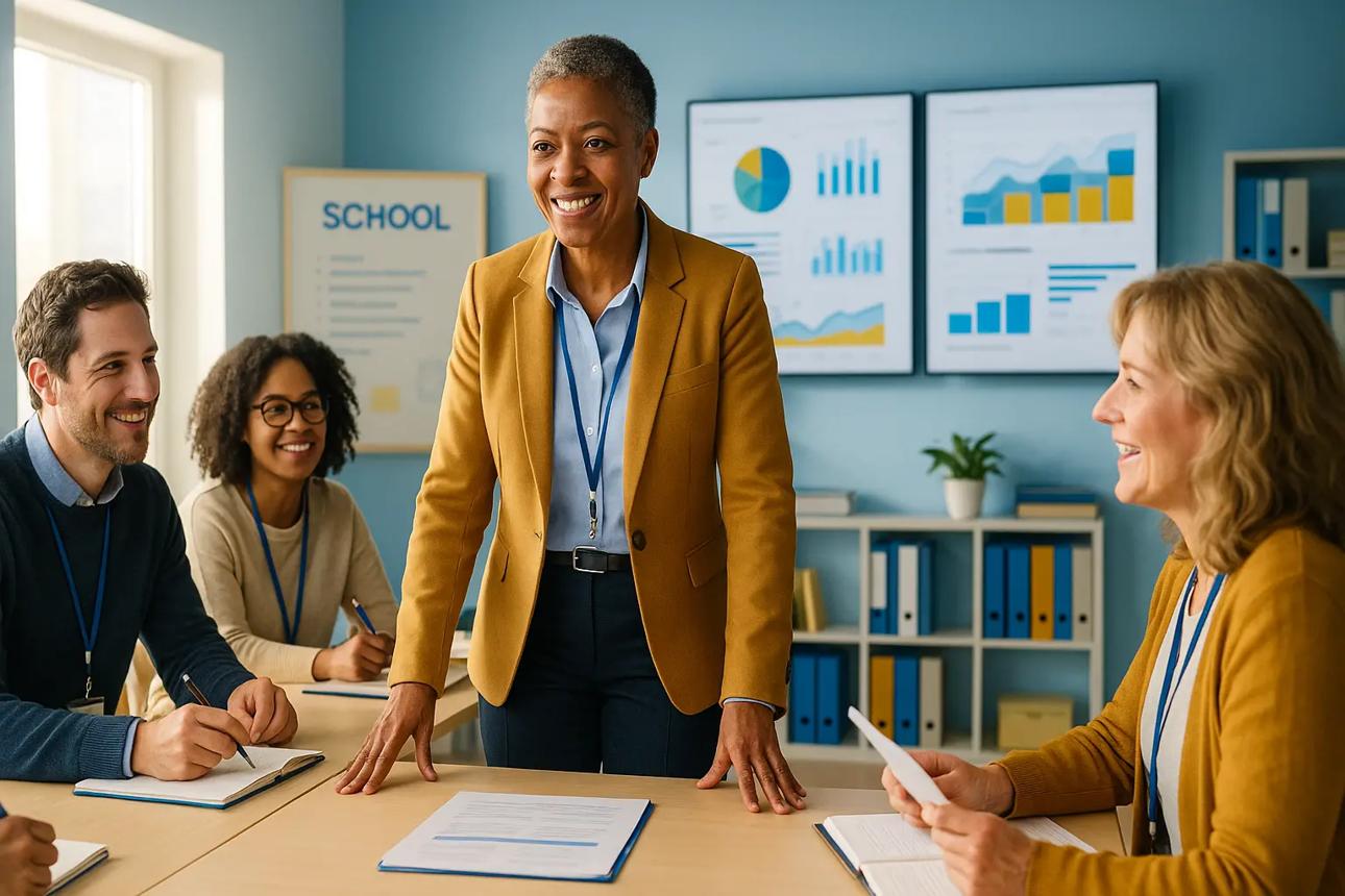 Group of educators in a meeting room with charts and books in the background.