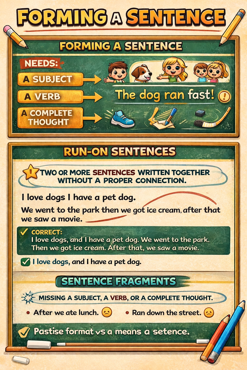 Educational poster on forming sentences with illustrations and text.