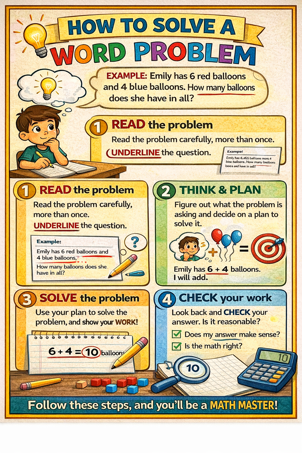 Educational poster on solving word problems with a step-by-step guide and example.