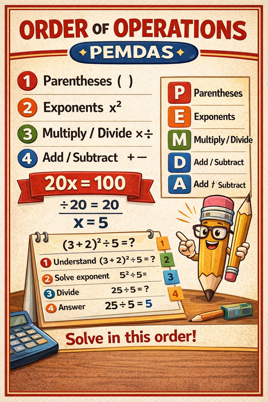 Educational poster on the order of operations with PEMDAS rules and a cartoon pencil character.