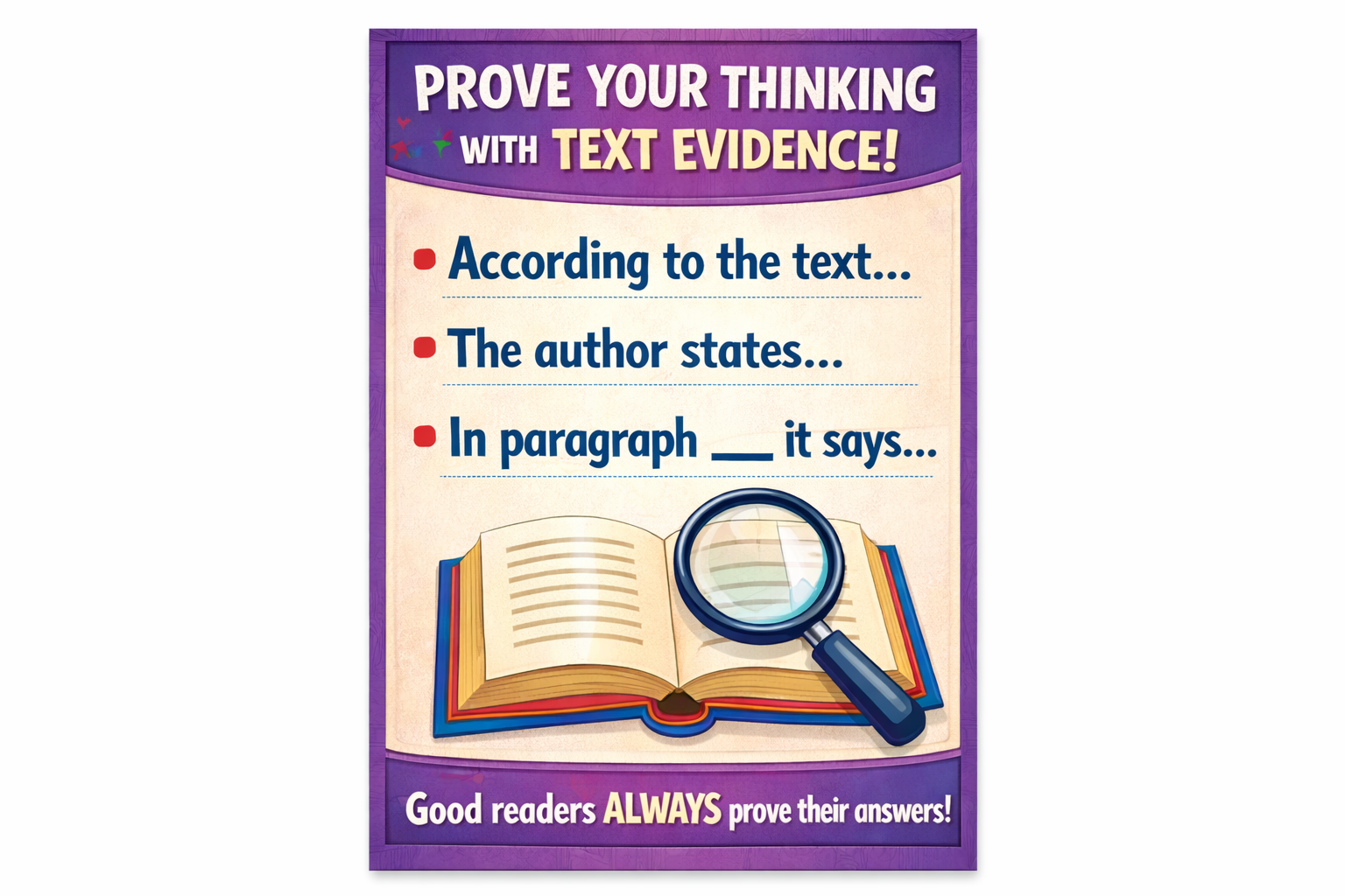 Educational poster with text and a magnifying glass over an open book on a white background