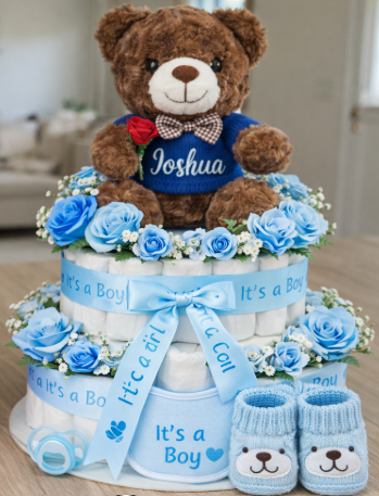 Two-tiered diaper cake with teddy bear, flowers, and baby booties for a boy, featuring the name 'Joshua'.