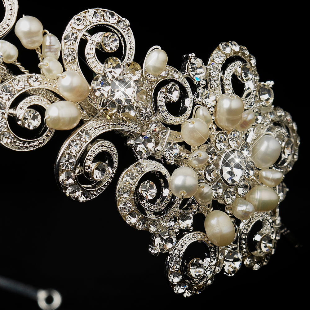 Antique Silver Ivory Freshwater Pearl Crystal Floral Side Accented Headband Headpiece 2295 60