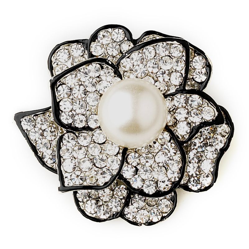 Black Brooch 30395 Rhinestone Diamond White Pearl Rose Brooch 45