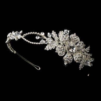 Charming Silver Side Accented Flower Headpiece W Clear Rhinestones Austrian Crystals 9853 42