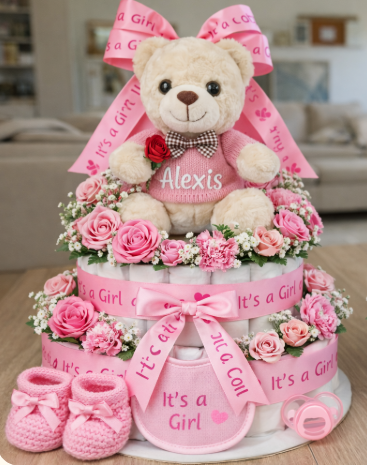 Personalized “It’s a Girl” Teddy Bear Diaper Cake with Flowers, Bib & Booties