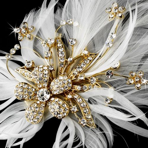 Glamorous Gold Bridal Hair Clip With Brooch Pin And Clear Rhinestones Ivory Feathers 456 51