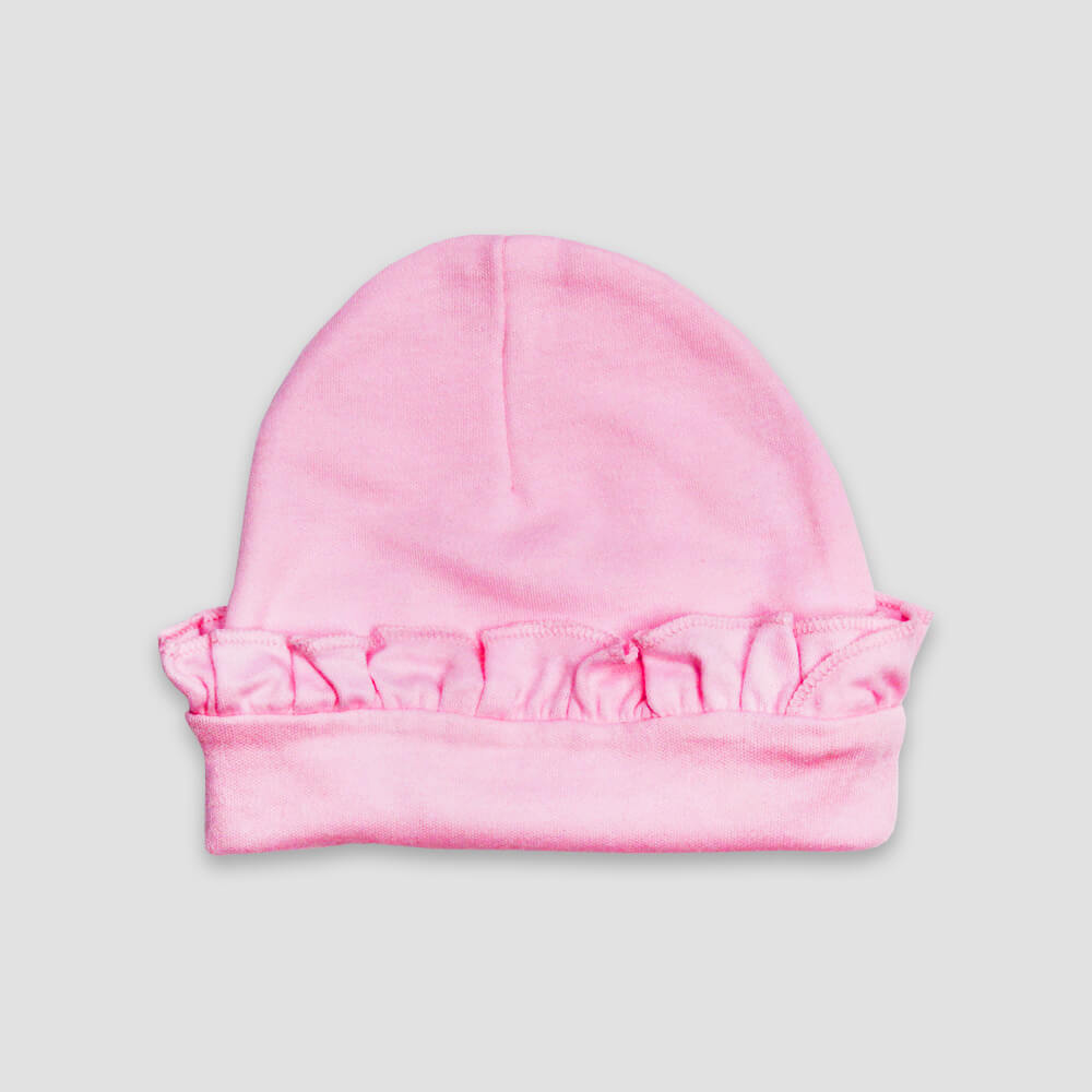 Baby Beanie With Ruffles – Polyester Cotton Blend Pink 0-6M