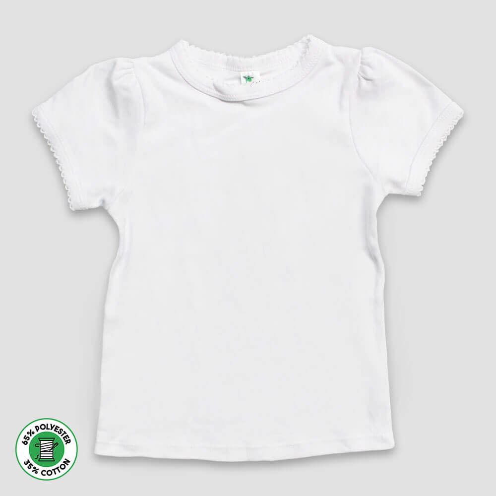 Youth Girls T-Shirt with Scallop Trim – Short Sleeve – White – Polyester Cotton Blend White XS