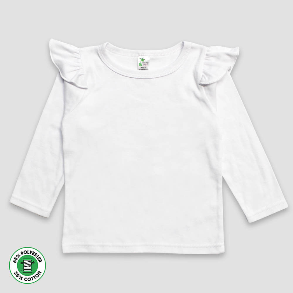 Youth Girls Long Sleeve Flutter T-Shirt – Polyester Cotton Blend White XS