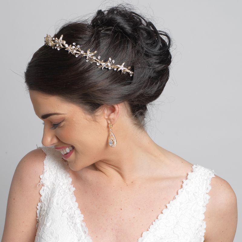 Light Gold Clear Starfish Rhinestone Bridal Wedding Headband – Gold Edition #1250