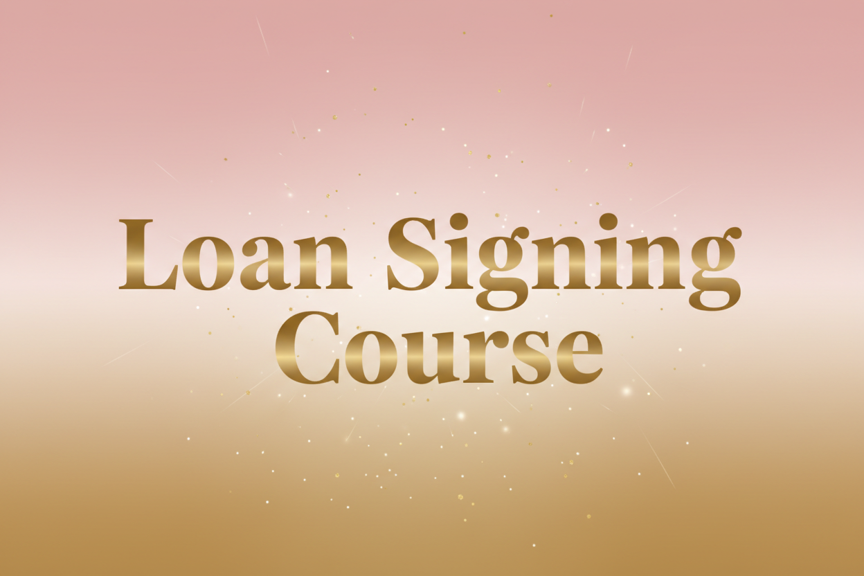 Text 'Loan Signing Course' on a gradient pink to gold background