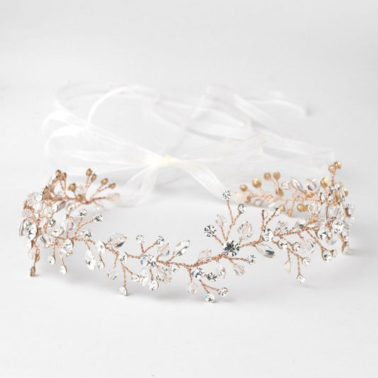 Rose Gold Clear Swarovski Crystal Bead Vine Bridal Wedding Ivory Organza Ribbon Accent Headband 10001 175