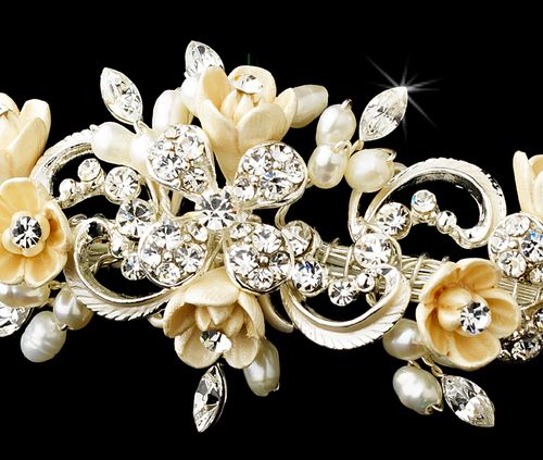 Silver Floral Rhinestone Champagne Elegance Bridal Pearl Headband 7539 90