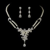 Silver Ivory Pearl Floral Cz Necklace Earrings Bridal Jewelry Set 8701 114