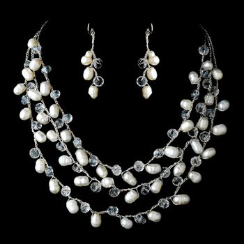 Silver Silk White Pearl Clear Crystal Necklace Earring Set 7829 33
