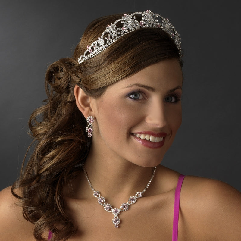 Sparkling Rhinestone Swarovski Crystal Covered Tiara With Light Pink Accents In Silver 523 77
