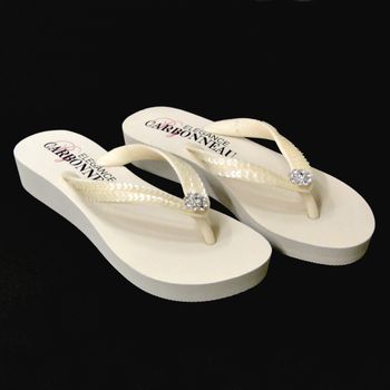 Summer Low Heel Ivory Wedge Flip Flops With Sequins Swarovski Crystals 59